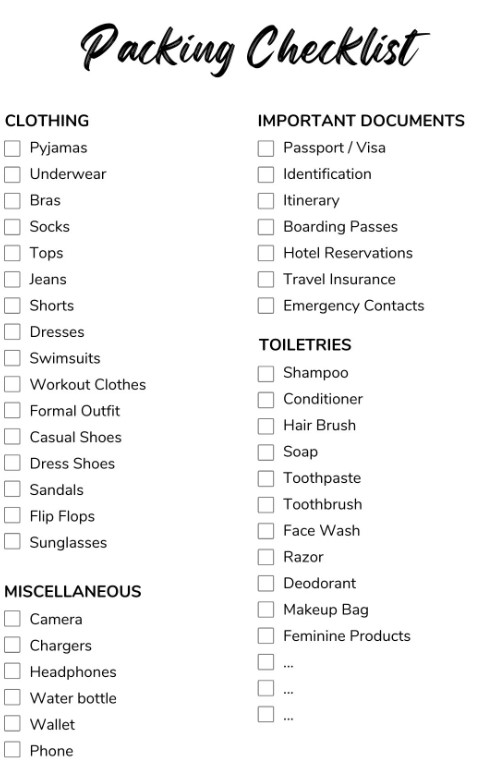 travel packing checklist